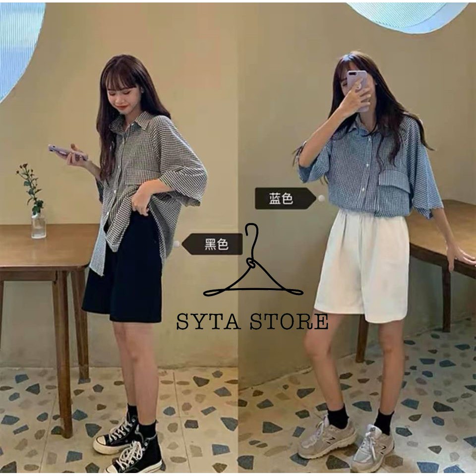 Áo Sơ Mi Caro Xanh Tay Lỡ Nữ 🌸 Sơmi form rộng bigsize cộc tay túi ngực kẻ sọc ô ulzzang korea SIÊU HOT 🌸SYTA