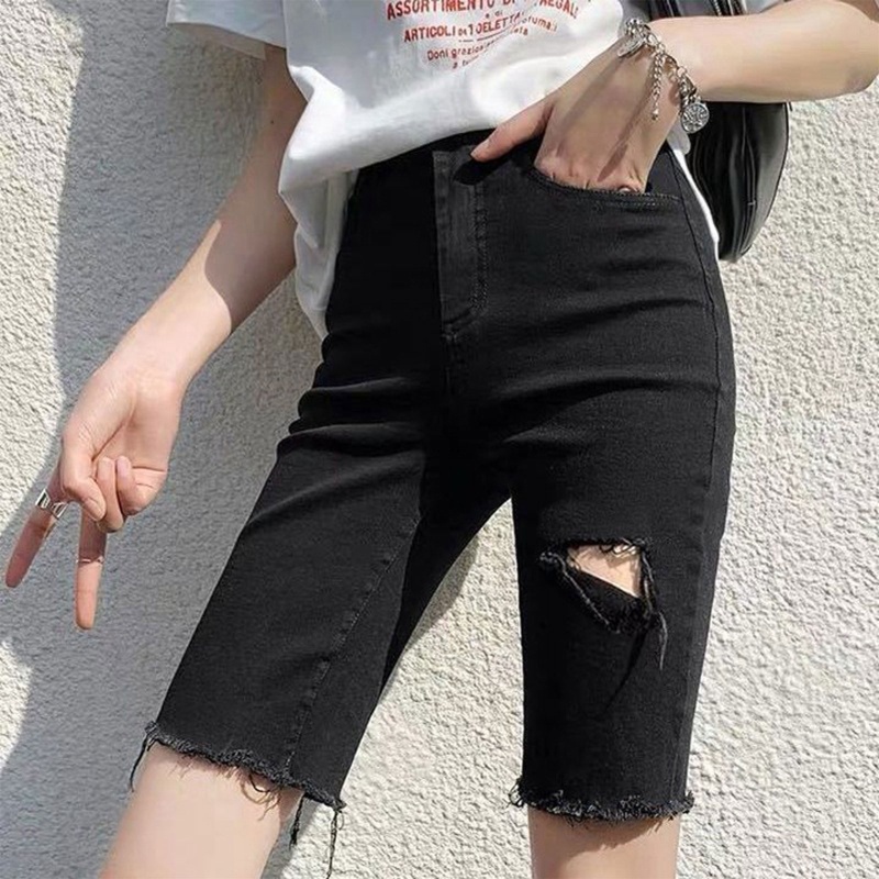 Brroa Quần Short Jean Rách Cạp Cao Ôm Dáng Viền Thô Rách Gối Cổ Điển Dài Đến Đầu Gối Cho Nữ Sh