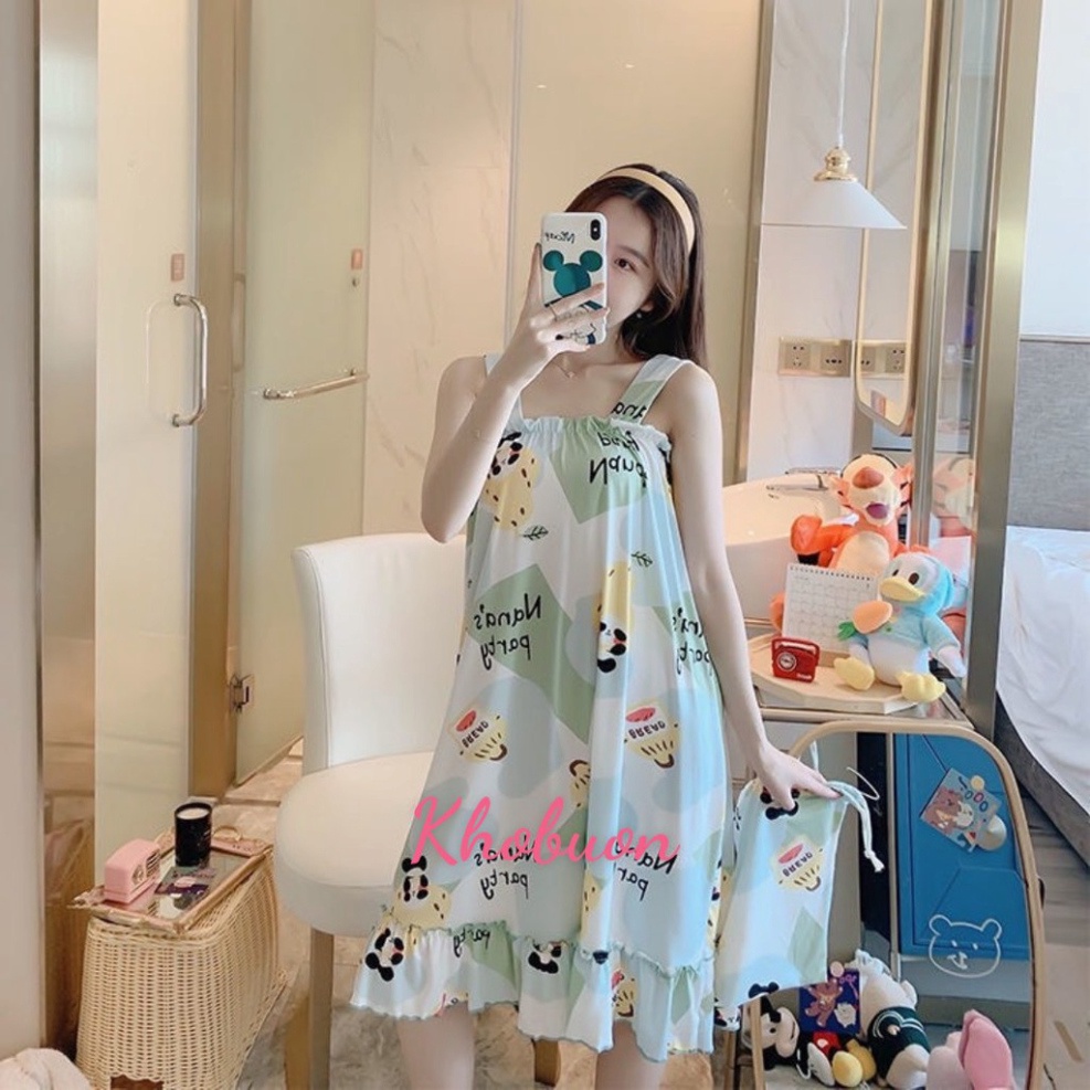 Váy ngủ nữ 2 DÂY CHẤT THUN SỮA không nhăn , đầm ngủ màu sắc dễ thương bầu bí mặc vẫn đẹp V284