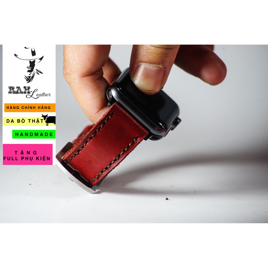 Dây apple watch da bò đỏ đô handmade bền chắc cực đẹp RAM Leather classic 1982 - tặng khóa chốt và cây thay dây