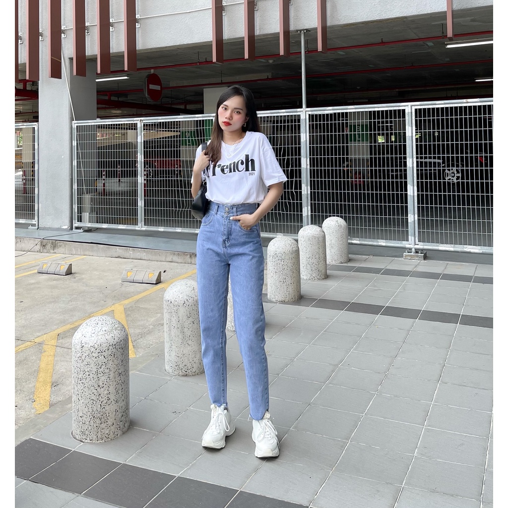 Quần Bò Nữ Quần Baggy lưng Cao 2Nút Lai Cắt Shop Maika-Jeans