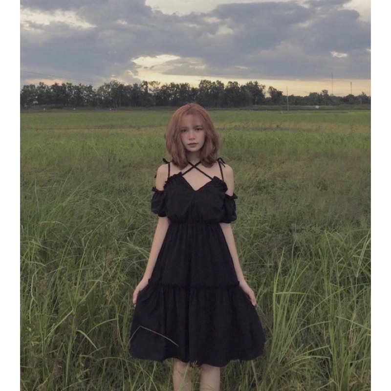 ĐẦM ANGEL ĐEN 2 DÂY ĐEN BUỘC NƠ