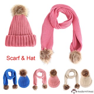 Set nón và khăn choàng vải len phối quả cầu lông ấm áp dành cho bé