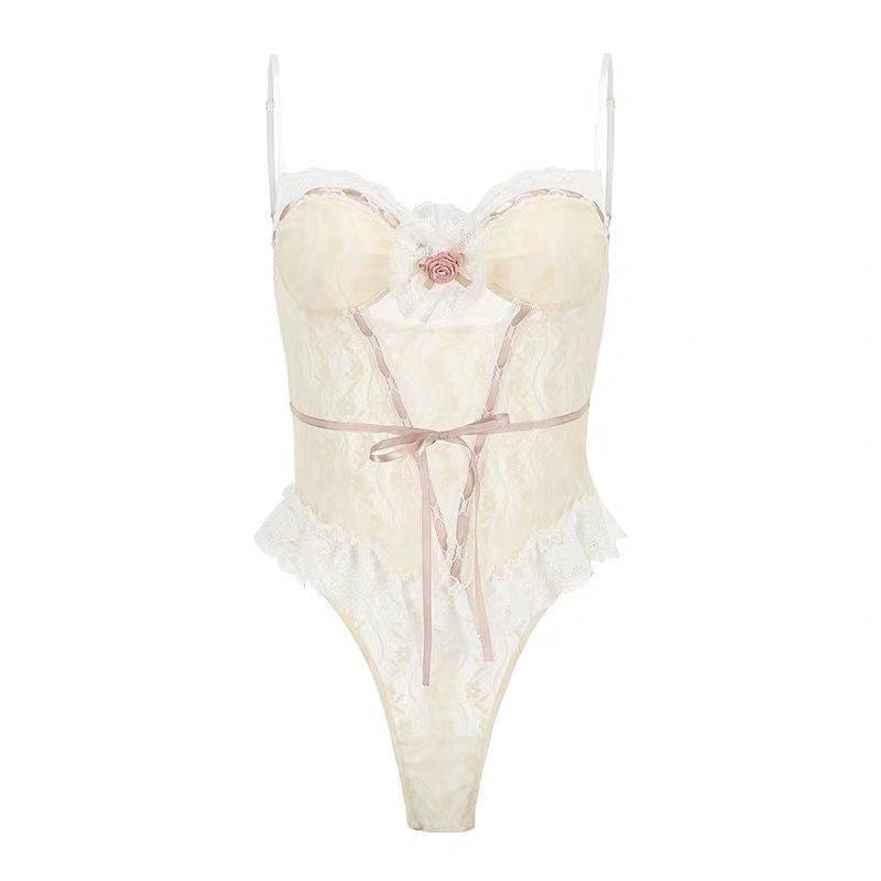 Bộ đồ ngủ một mảnh phối ren lưới đính nơ ngọt ngào quyến rũ cho nữ