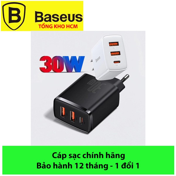 Củ sạc Baseus 30W mini 3 cổng Type C, 2 USB, Baseus Compact Quick Charger tích hợp 3 cổng sạc nhanh Type C(PD) và 2 USB