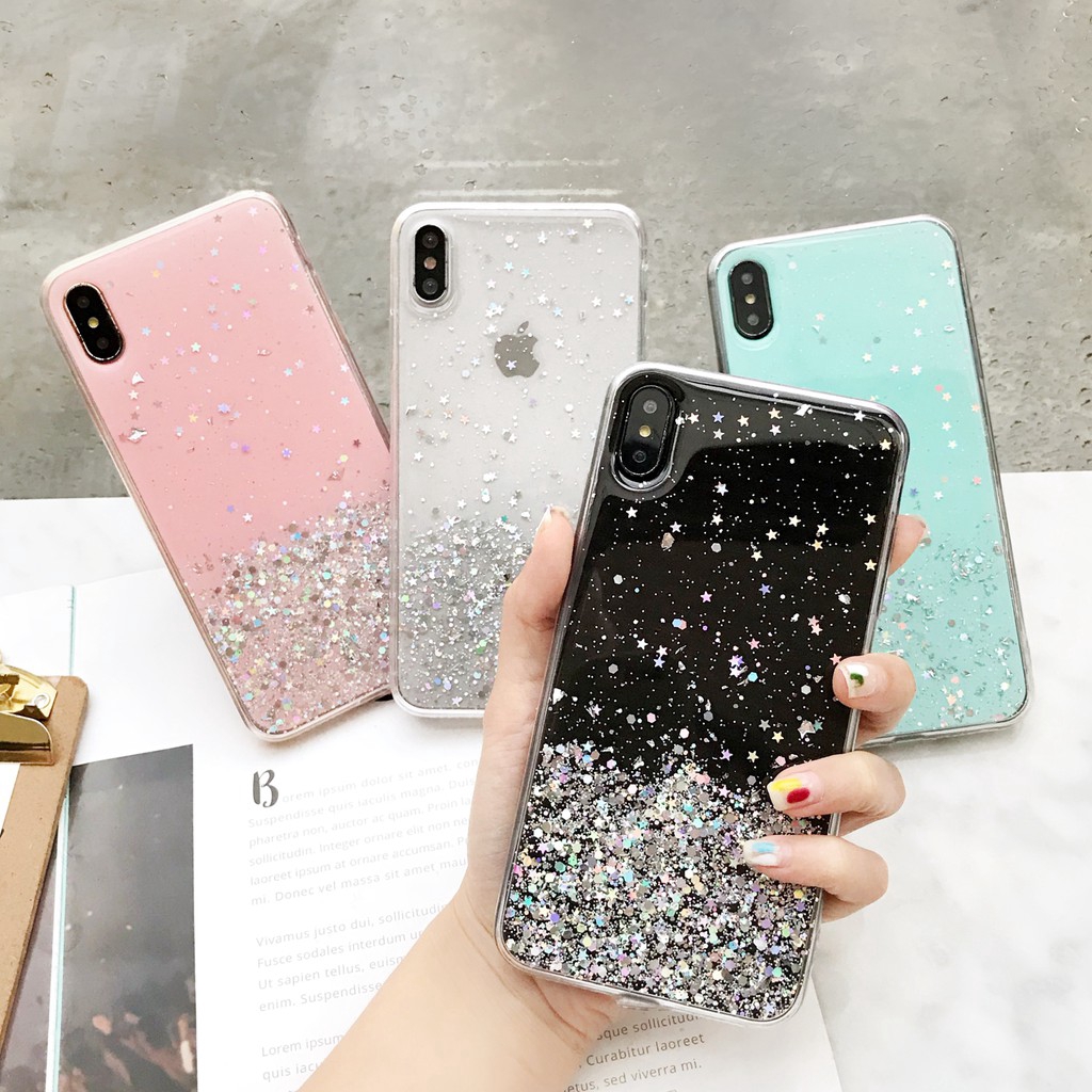 Ốp lưng iphone iPhone SE 2 11 Pro XS MAX XR X Transparent Silicone Case For iphone 8 7 6 6S Plus Cover Luxury Bling Glitter Stars Sequins Case