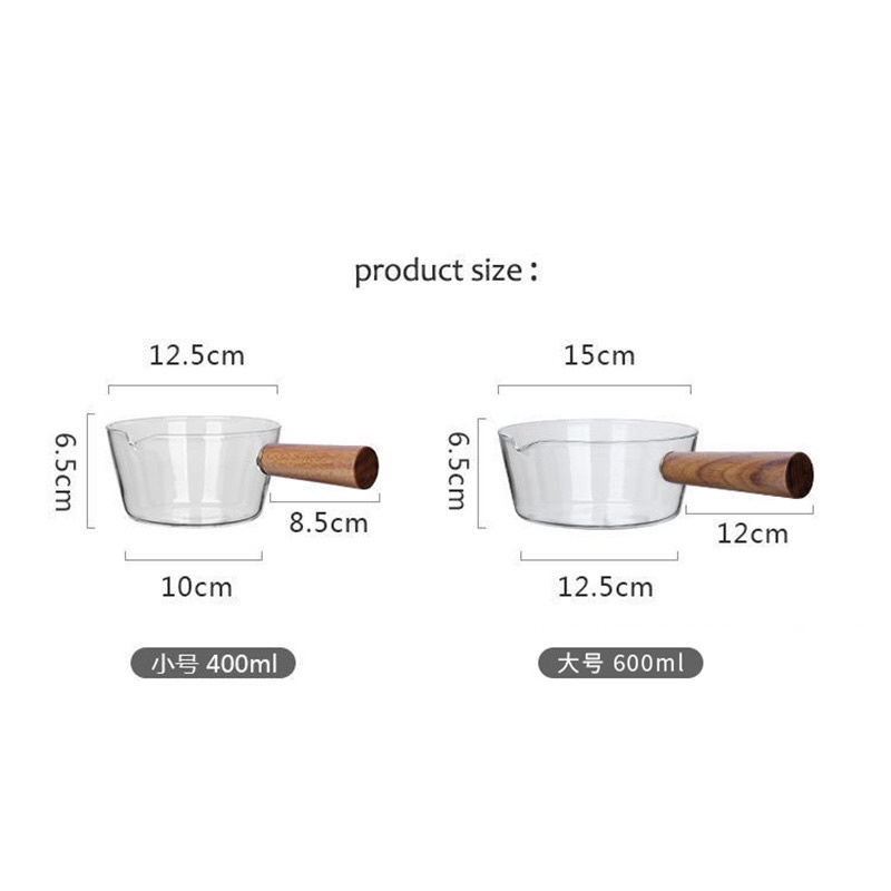 Nồi thủy tinh trong suốt tay cầm gỗ, nồi nấu sup nấu sữa