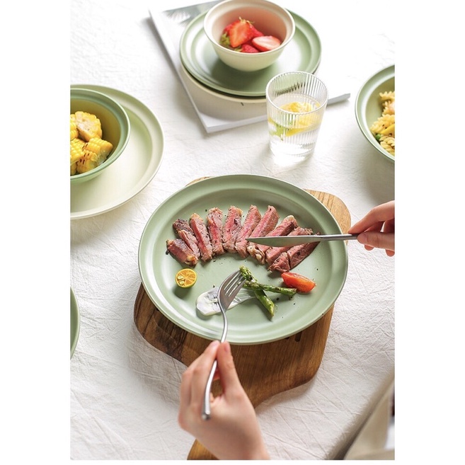 Bộ bát đĩa xanh bơ mix trắng kem phong các Hàn Quốc- gốm morandi cao cấp