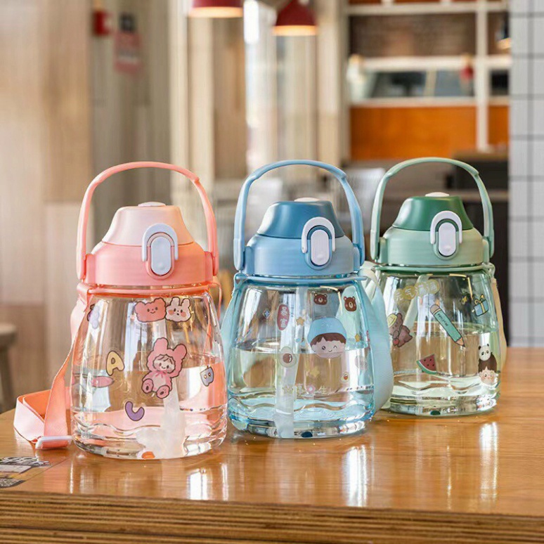 Bình Nước 1300ml Trong xuốtFREESHIPDung Tích 1.3 lít Kèm Dây Đeo Và Sticker Đáng Yêu
