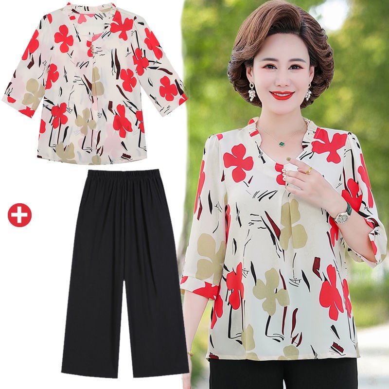 ❀Mẹ trung niên và người lớn tuổi váy mùa hè phù hợp với áo sơ mi voan quần dài hai mảnh của phụ nữ