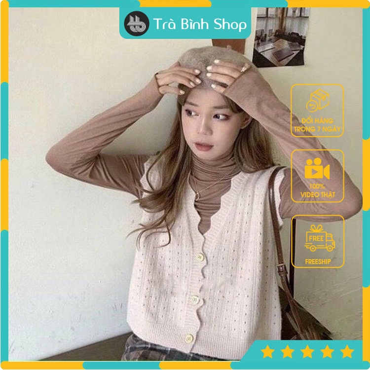 Áo len không tay cài cúc họa tiết gợn sóng sành điệu