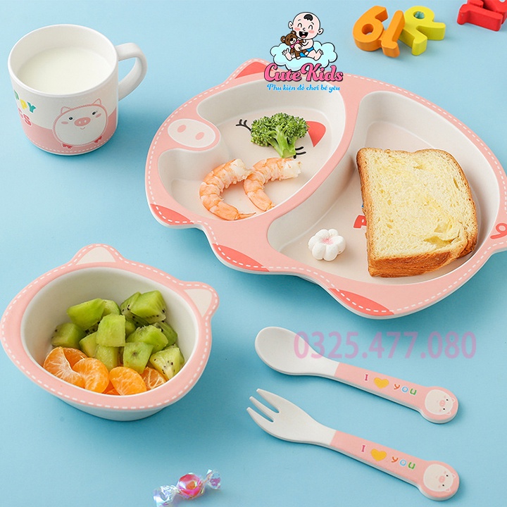 Bộ bát ăn dặm cho bé làm từ chất liệu sợi tre tự nhiên, bộ chén ăn dặm 5 chi tiết hình heo hồng đáng yêu- Cutekids.