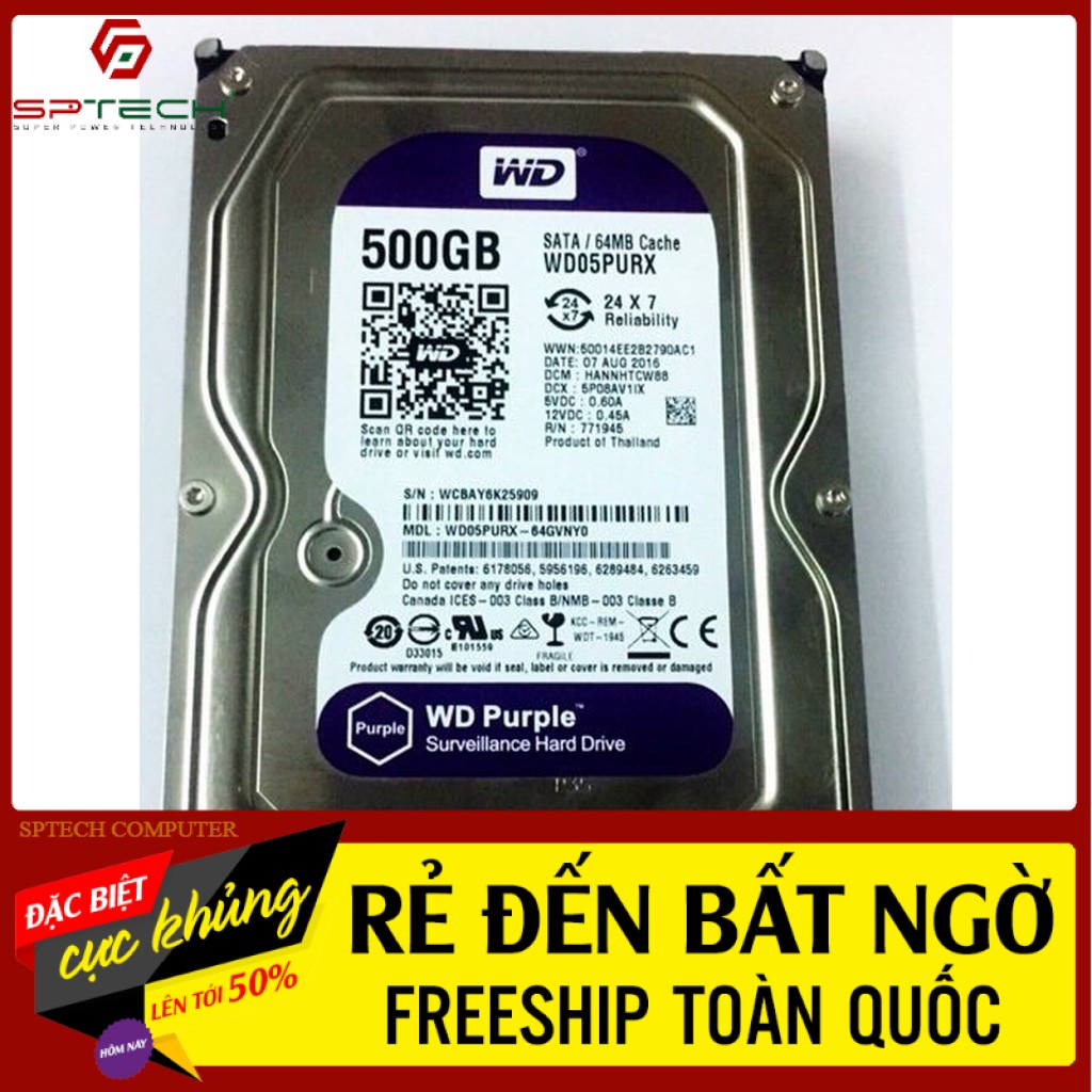 HDD 💎𝓕𝓡𝓔𝓔𝓢𝓗𝓘𝓟💎 Ổ CỨNG HDD PC Western Digital 500GB Purple (Chuyên Camera) - BH 24 THÁNG SPTECH COMPUTER