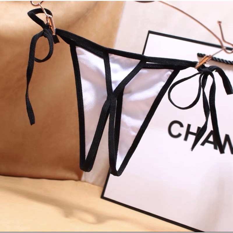 NEW BEST SELLER - QD016 (ảnh thật)-  Quần chip cột dây lụa viền đen nơ   - quần lót sexy xẻ đáy - KELLY WANG