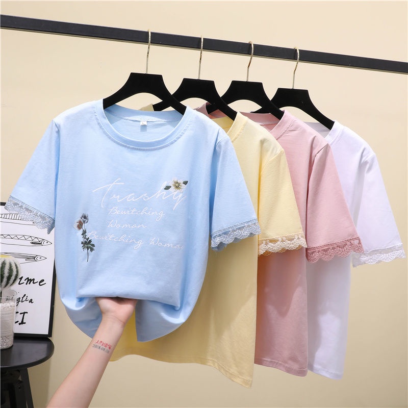 Áo Thun Tay Ngắn Dáng Rộng Phối Ren Phong Cách Hàn Quốc Mới