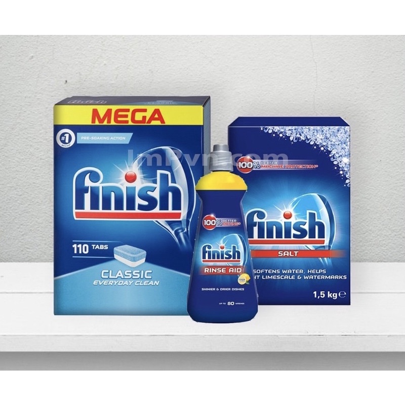 [HCM] Combo viên rửa bát Finish Hộp Classic 110 viên, Muối 1.5kg, Nước làm bóng 400ml