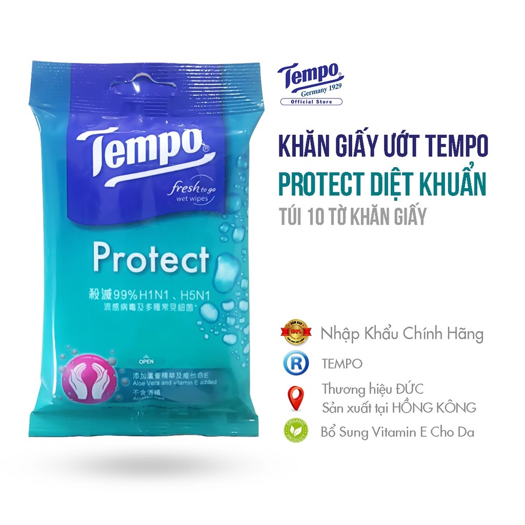 Khăn giấy ướt Tempo Protect Ngăn ngừa vi khuẩn (1 gói )