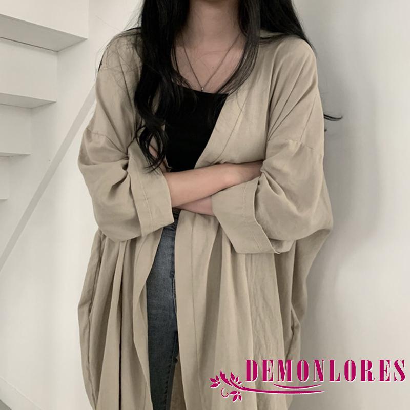 Áo Khoác Cardigan Tay Dài Màu Trơn Dáng Rộng Xẻ Tà Thời Trang Mùa Hè Cho Nữ