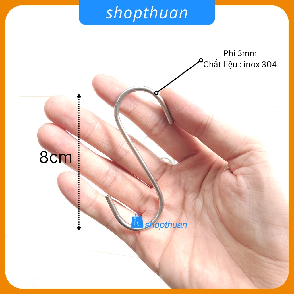 Móc treo chữ S 8cm inox 304 phi 3mm, không sơn, không gỉ sét