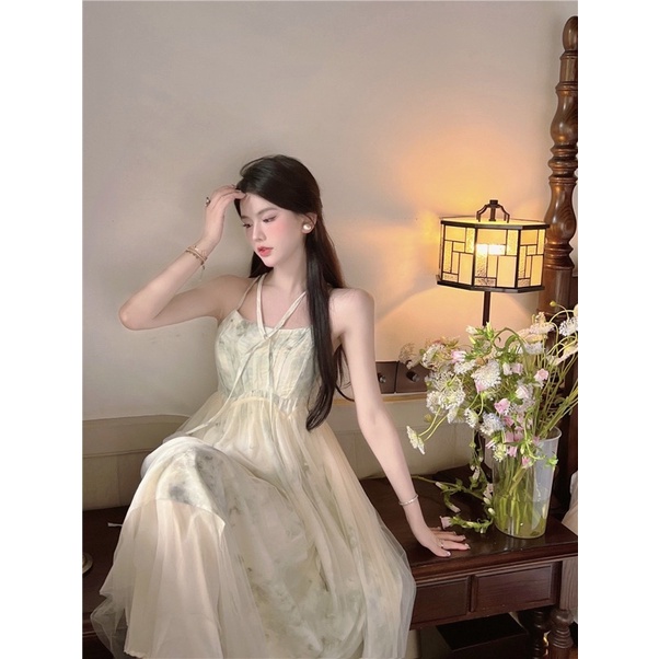 Váy 2 Dây Lưới Dáng Dài Xoè Màu Loang Tiểu Thư