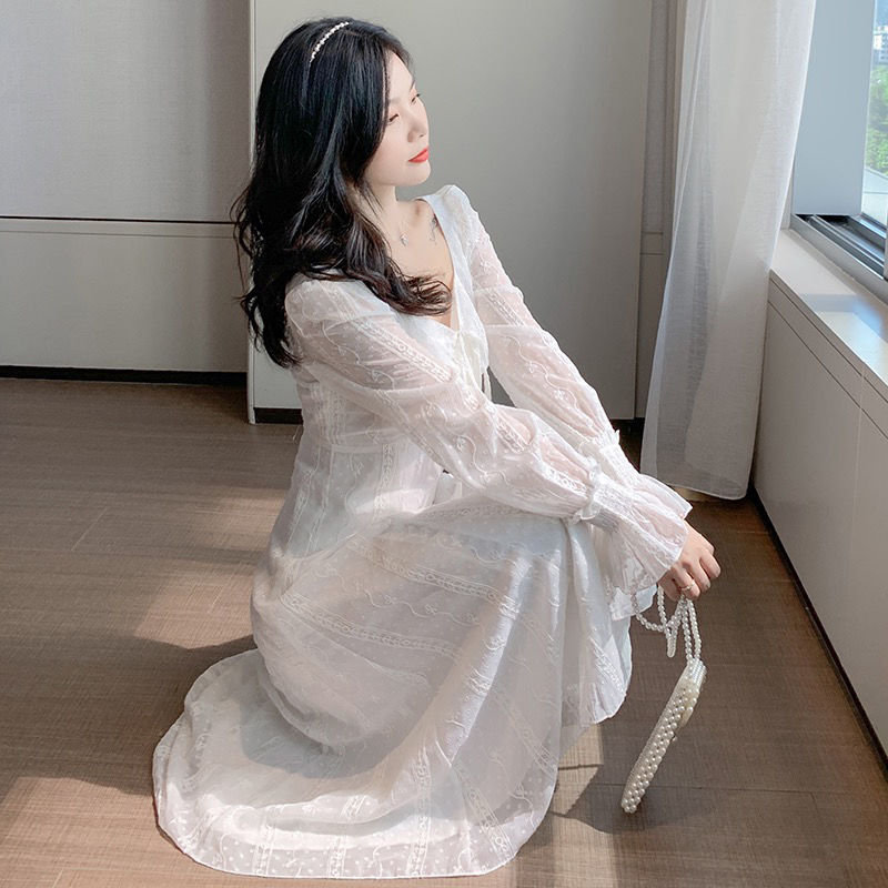 Lace Dress French Style Retro Trumpet Sleeve Square Collar Drawstring Waist-Controlled Slimming Long Sleeve Fairy Dress Female Temperament | BigBuy360 - bigbuy360.vn