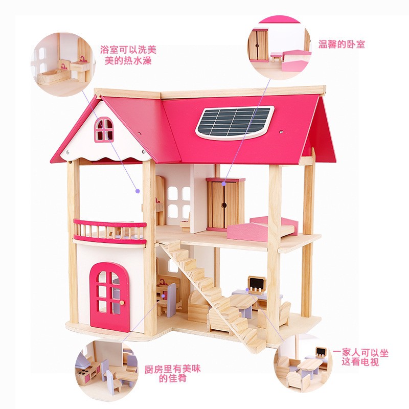 Ngôi Nhà Búp Bê Bằng Gỗ Màu Hồng Doll house - có kèm bàn ghế giường tủ đầy đủ như ảnh