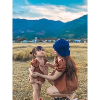 Bộ quần áo nơ nâu cho mẹ và bé, đồ đôi mẹ bé