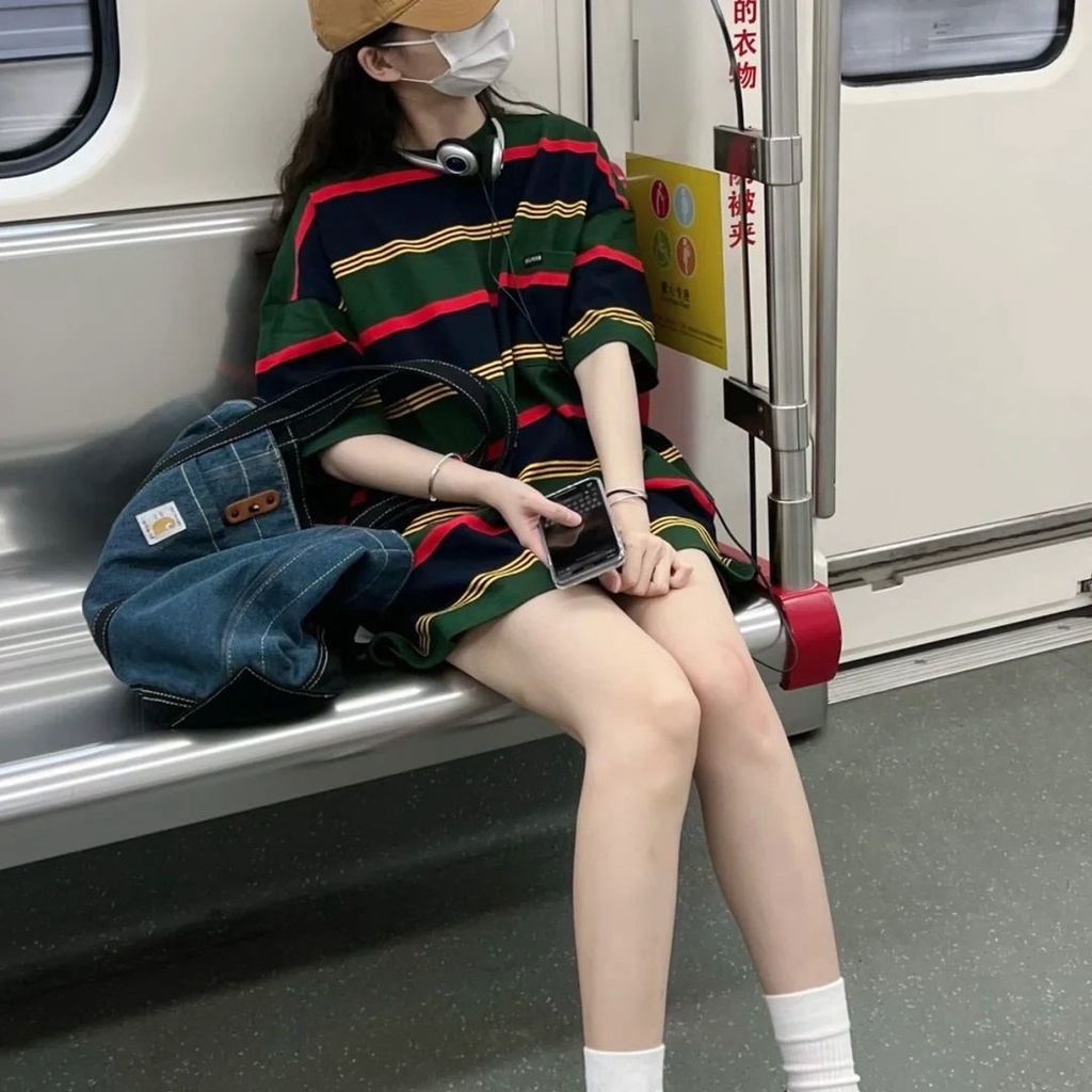 Jiashucheng Áo Thun Nữ Ngắn Tay Cổ Tròn Sọc Ngang Thời Trang Mới