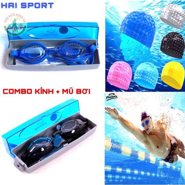 COMBO Kính bơi Hàn Quốc Phoenix 203 + Mũ bơi 3D cao cấp -Mắt kính đi bơi thời trang