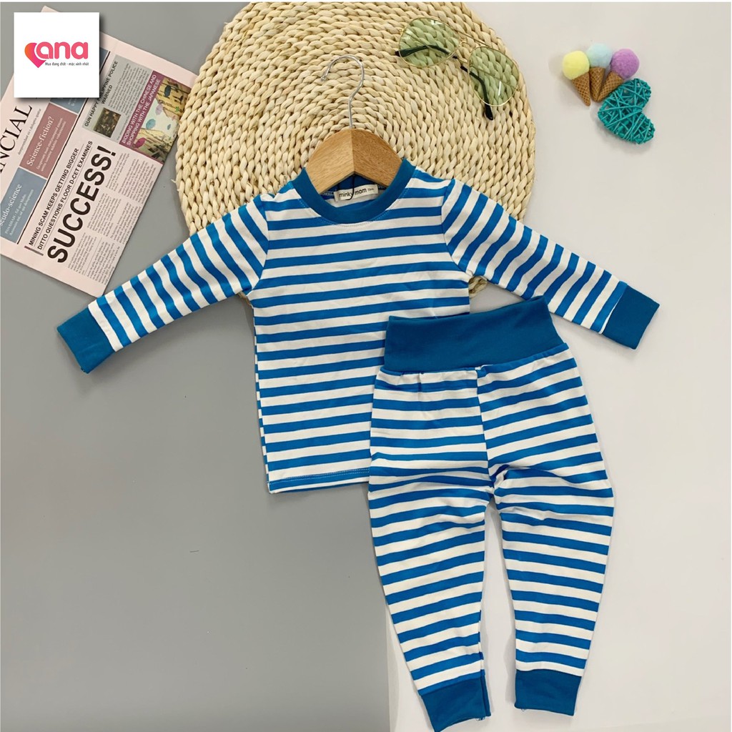 Bộ minky dài tay cạp cao kẻ cho bé gái bé trai [Xã kho] Đồ bộ ngủ kẻ tay dài thu đông thun cotton bé gái trai minky mom