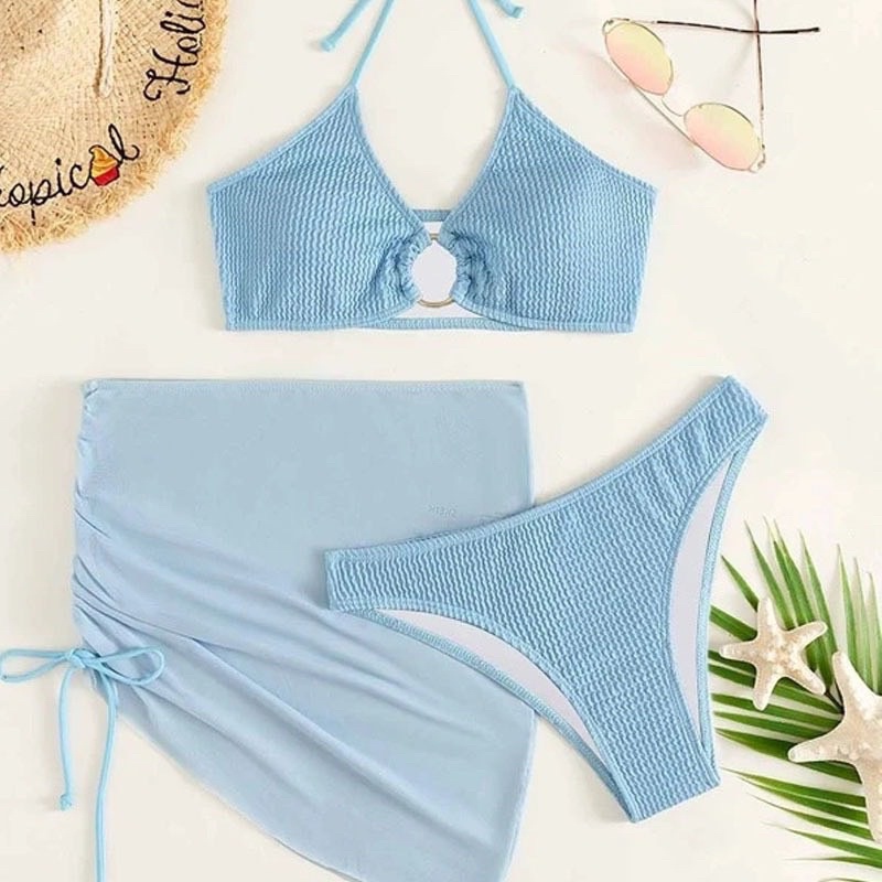 Set bikini 3 mảnh chất thun khoen ngực kèm váy điệu đà 3M093