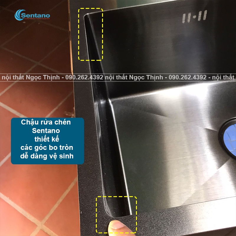 [MÃ SALE 5%]Chậu rửa chén bát inox sus304 SENTANO NANO ĐEN 60x45cm chống trầy xước cao cấp tặng kèm rổ đa năng