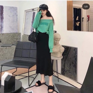 Set áo trễ vai chân váy len có tách rời