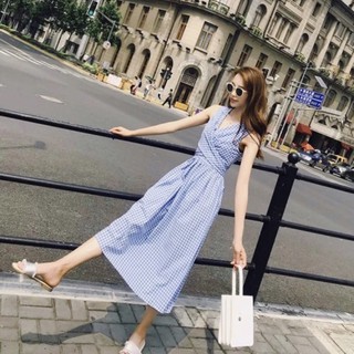 Đầm váy freesize caro xanh biển chéo eo