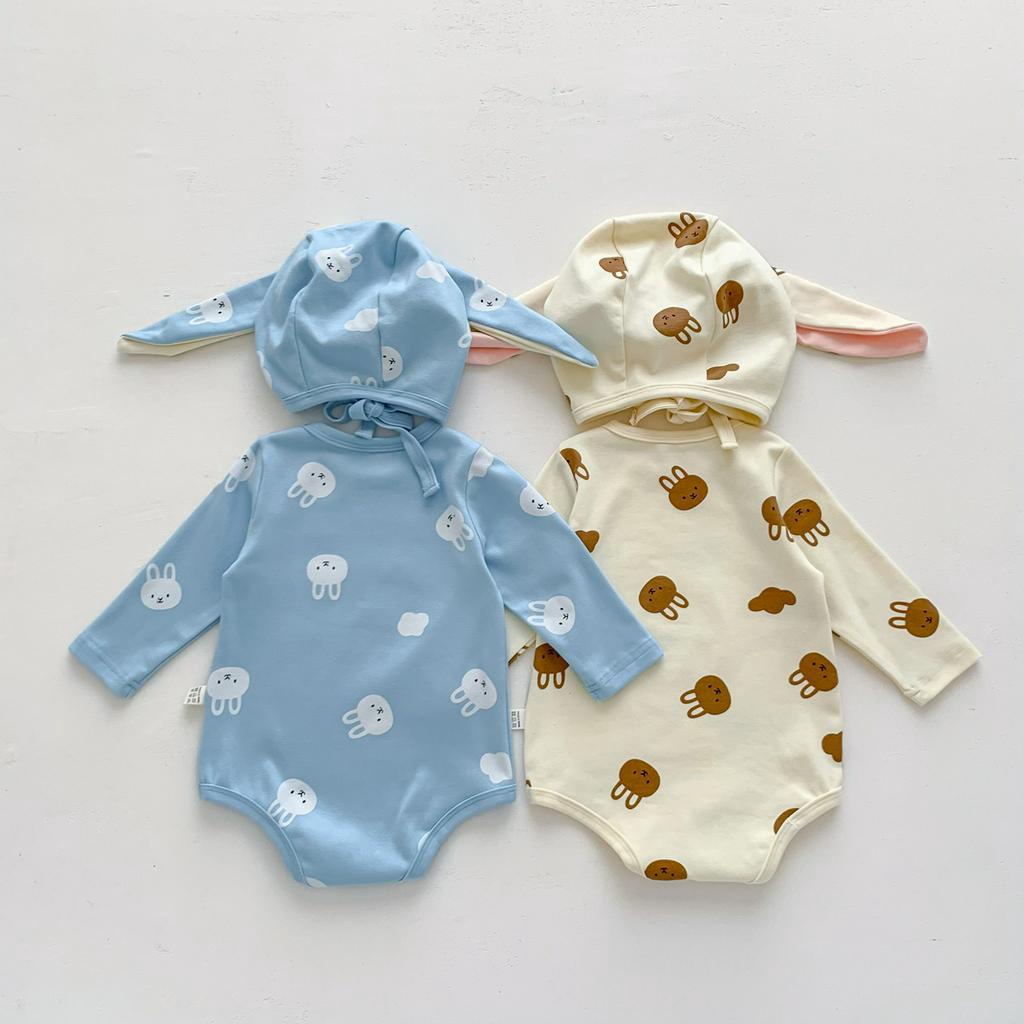 Bộ Áo Liền Quần Tay Dài In Hình Thỏ Dễ Thương Kèm Mũ Thời Trang Mùa Xuân Cho Bé Sơ
