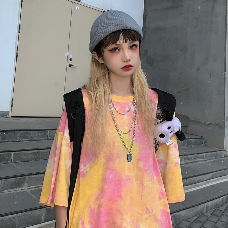 SUXI Áo Thun Tay Ngắn Phối Màu Nhuộm Độc Đáo Cá Tính Phong Cách Retro Hàn Quốc