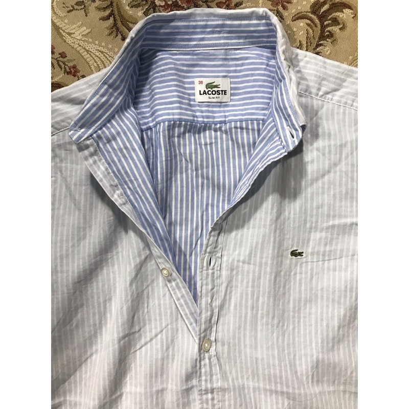 Áo sơ mi dài tay hiệu Lacoste màu trắng sọc caro size 95
