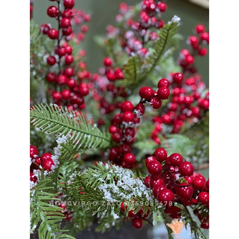 Cành đào đông giả - cành đào đông mix lá thông 70cm trang trí giáng sinh