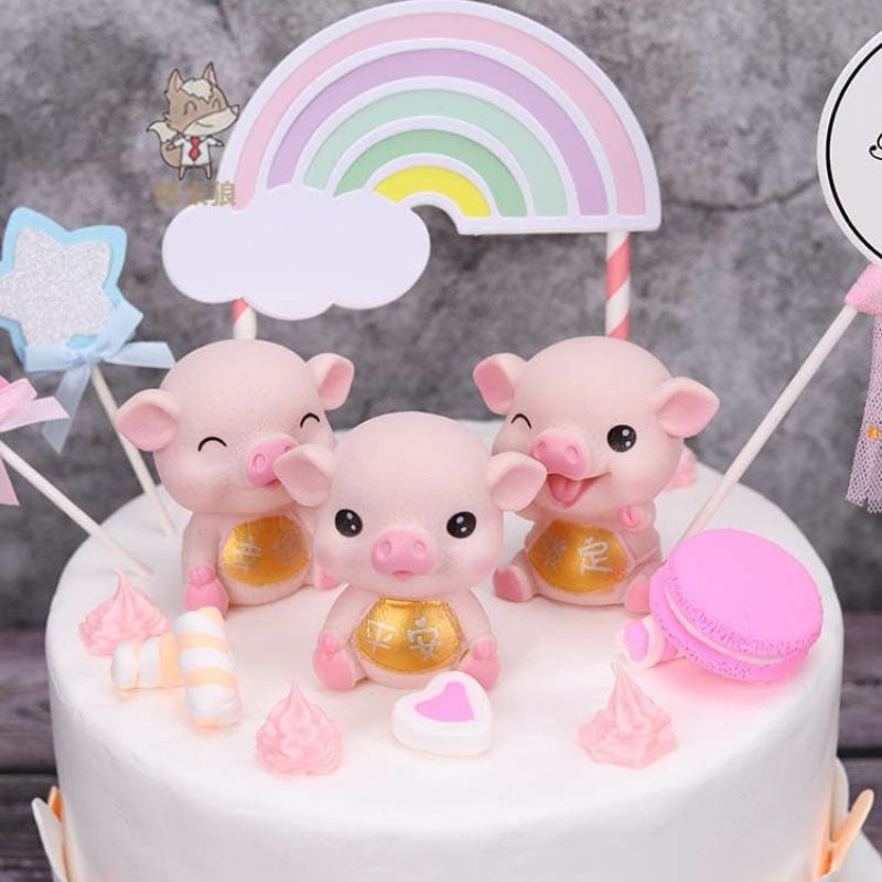 Heo cười trang trí bánh kem, heo yếm vàng, chú lợn hồng phụ kiện trang trí sinh nhật, Topper cake