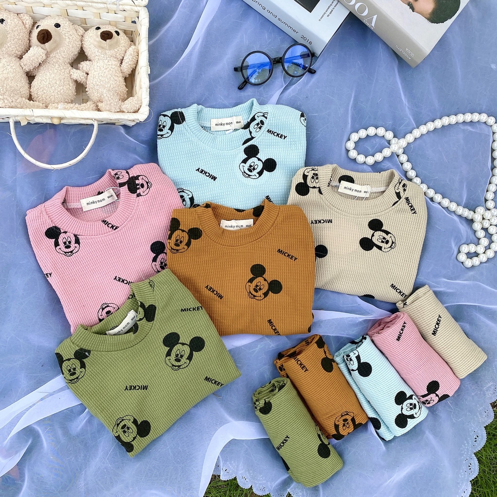 Bộ dài tay thu đông cho bé trai bé gái 8-18kg, vải tổ ong cao cấp, họa tiết Mickey ngộ nghĩnh - BO102