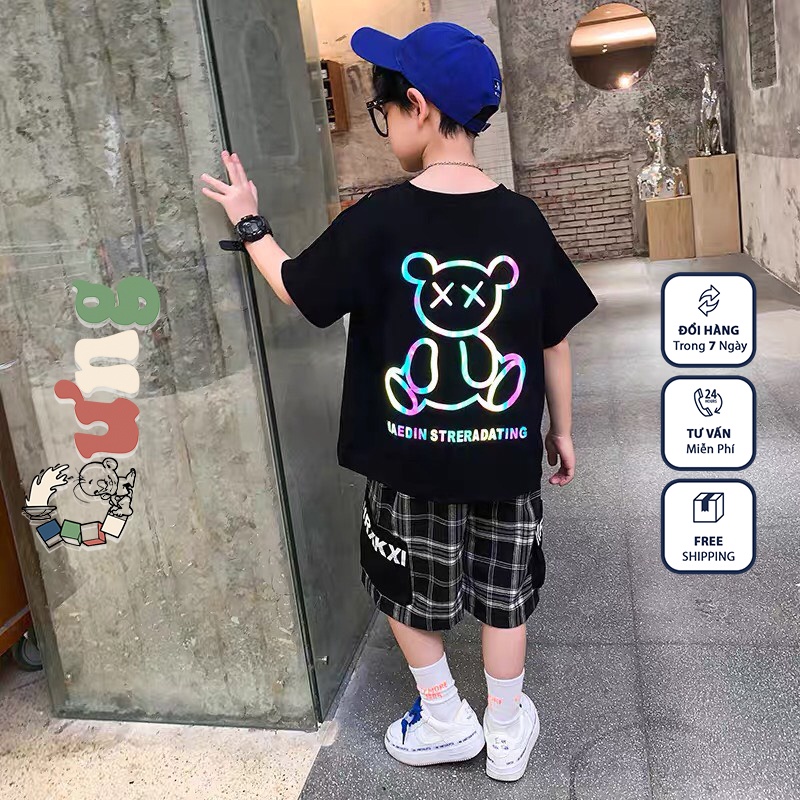 Quần áo trẻ em BABEKIDS, bộ đồ bé trai cotton phối quần caro Gấu phản quang 7màu cho trẻ con 4 đến 10 tuổi