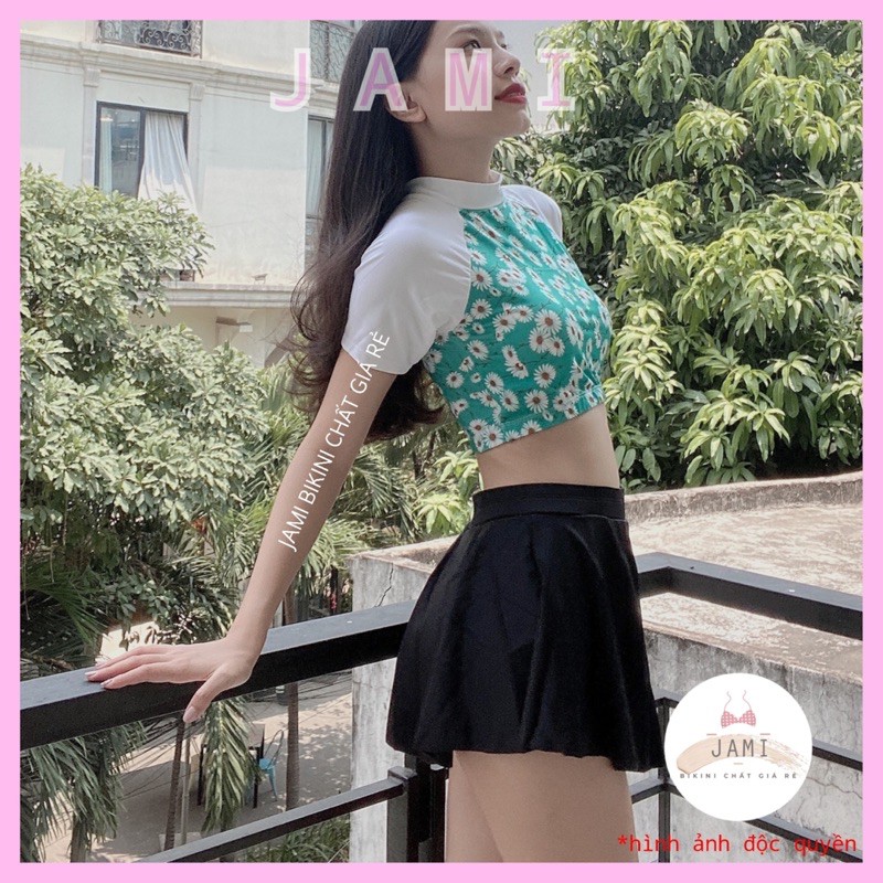 Đồ bơi bikini tay dài hoa cúc xanh ngọc váy cạp cao đi biển - ATD39 | BigBuy360 - bigbuy360.vn