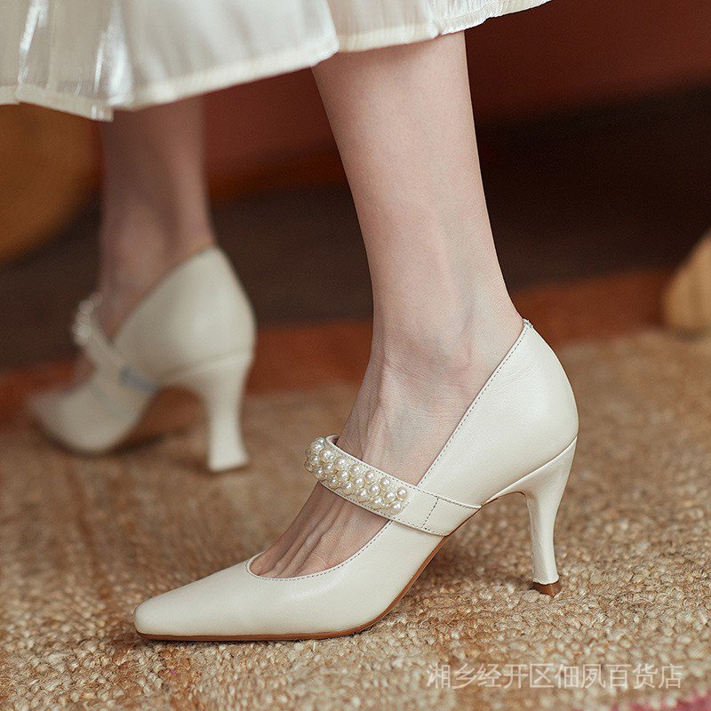 Giày Cao Gót Một Hàng Nút Ngọc Trai Mary Jane Phong Cách Pháp Thời Trang Mùa Hè 2022 Mới Cho Nữ