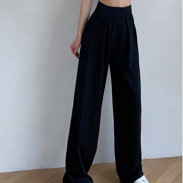 Quần dài SUXI lưng cao ống rộng màu đơn giản cho nữ