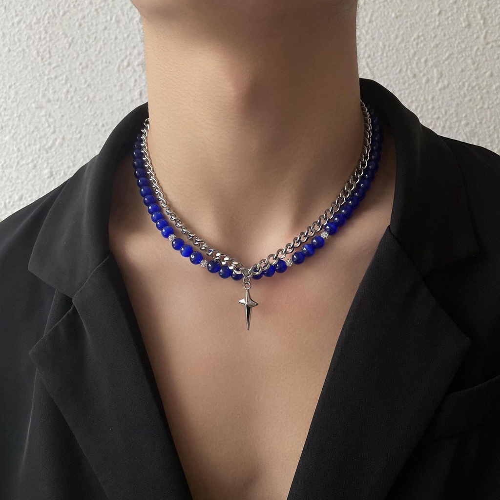 Dây chuyền hai lớp cao cấp mặt ngôi sao bốn cánh thép titan vòng cổ đôi nam nữ không đen