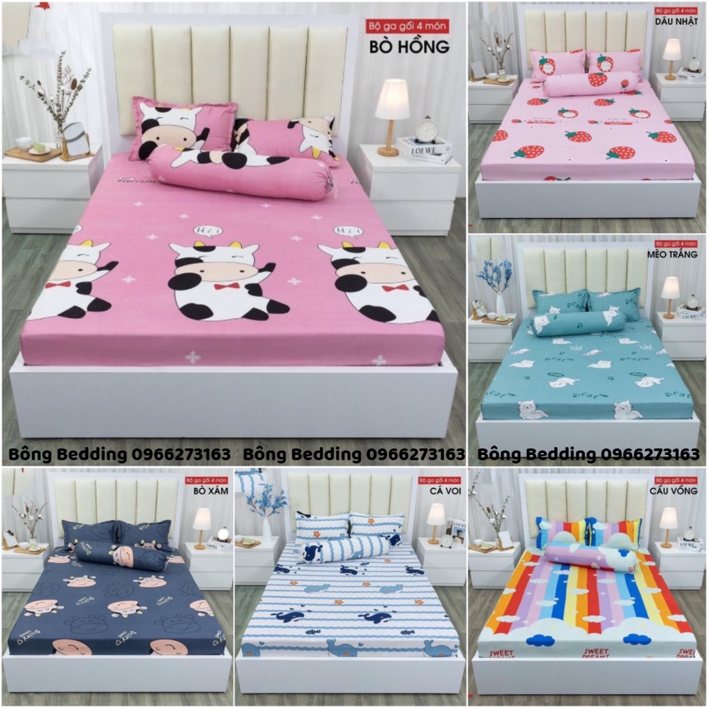 Bộ ga gối 3 món cotton poly Hàn Quốc đáng yêu miễn phí bo chun drap ga giường