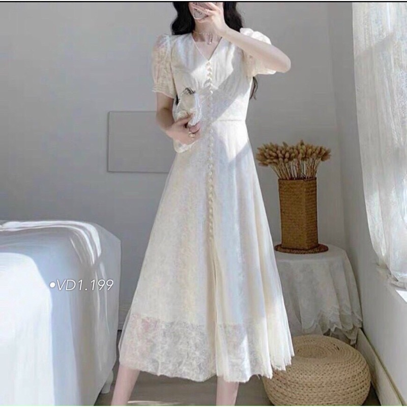 ĐẦM MIDI TRẮNG REN HOA PHỐI NÚT NGỌC thời trang giá rẻ