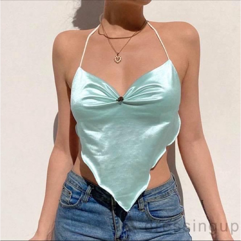 Áo yếm hai dây tam giác thắt nơ cổ hở lưng dây cột lưng vải lụa satin phi bóng - Order taobao quảng châu