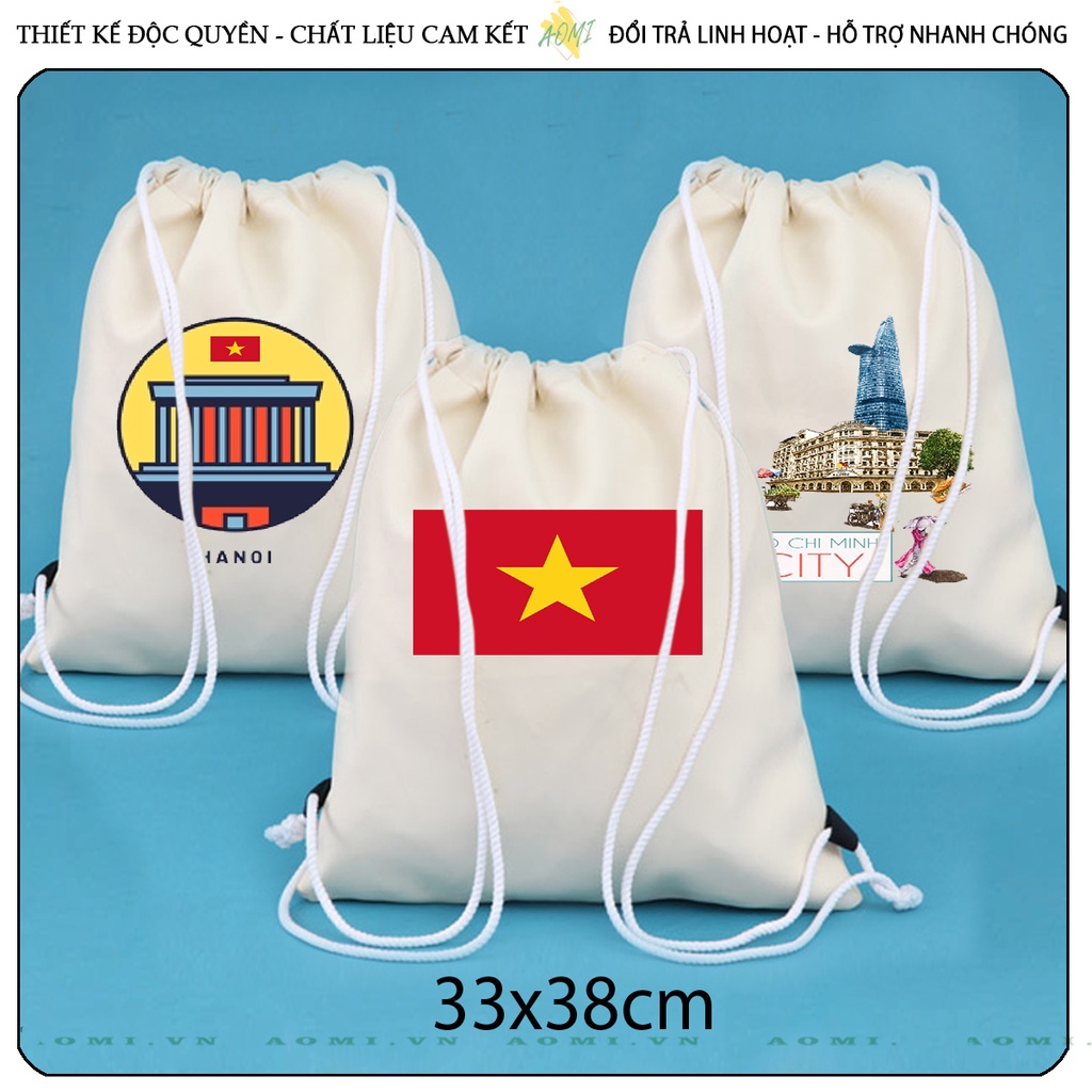 BALO TÔI YÊU VIỆT NAM CỜ TỔ QUỐC MINI AOMIVN DÂY RÚT ĐEO VAI 33x38cm NHỎ XINH CHẤT CANVAS TIỆN ÍCH DU LỊCH DẠO PHỐ