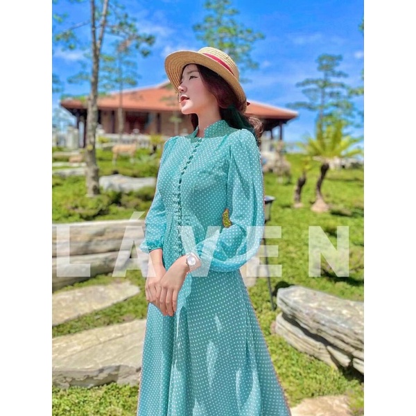Đầm Váy Maxi Chấm Bi Tay Dài Phối Nút Cài Duyên Dáng Hàng Cao Cấp